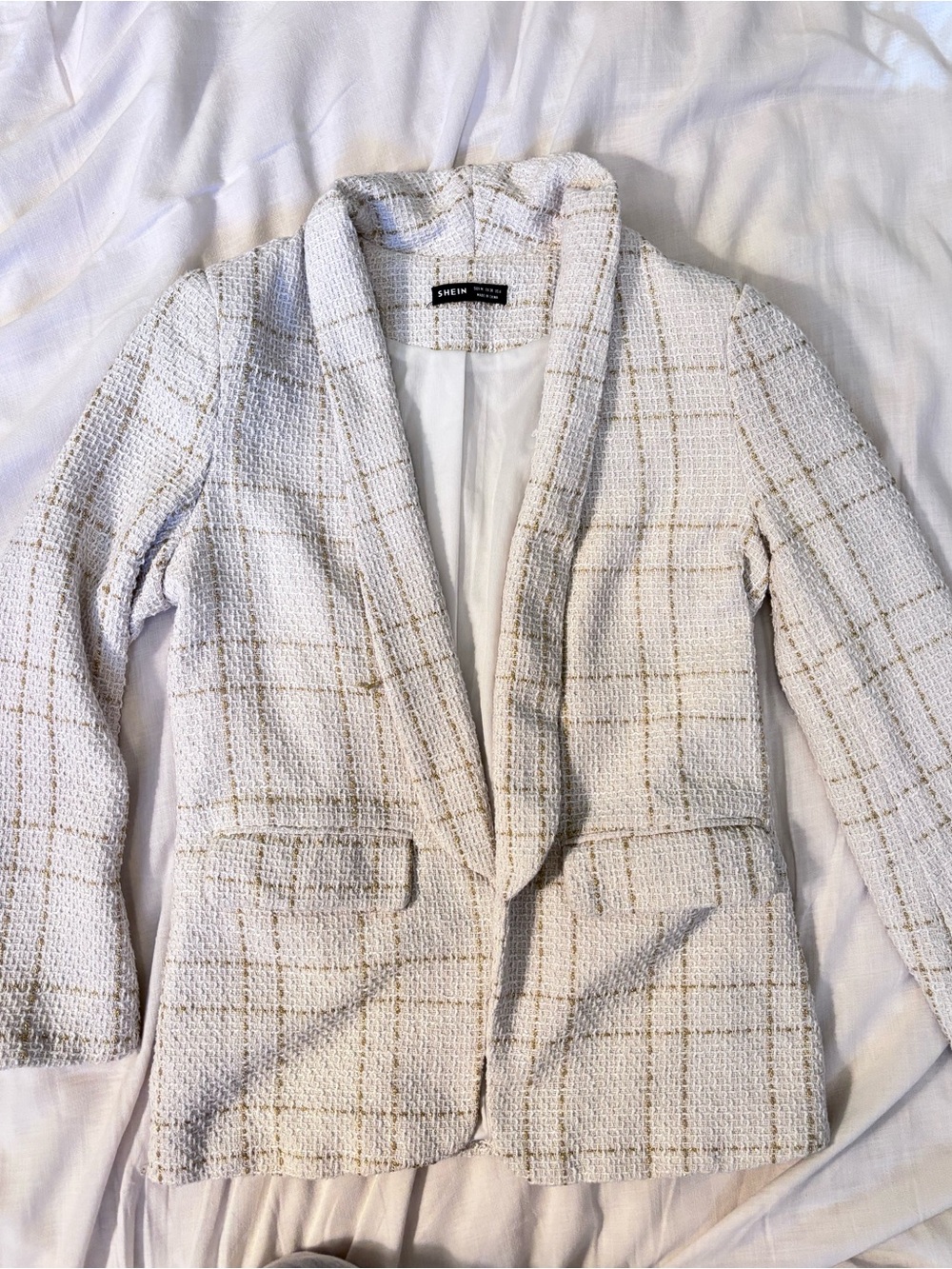 SHEIN White Tweed Plaid Shawl Collar Blazer
